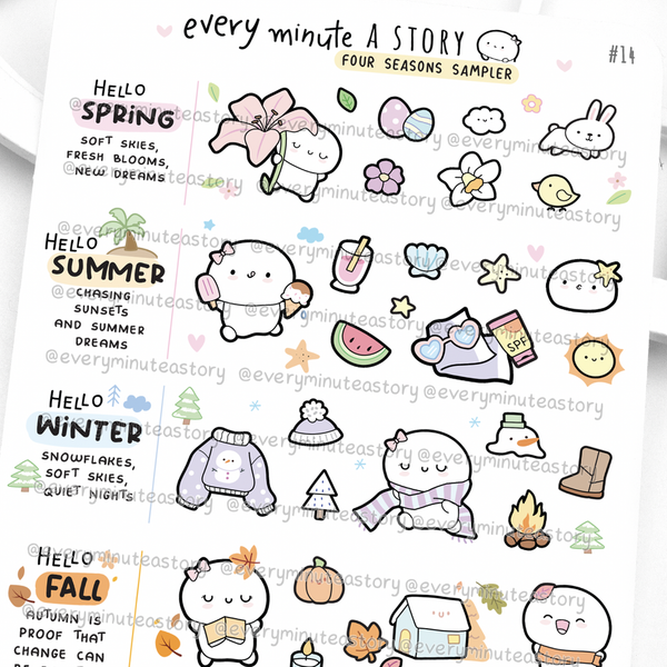 Four seasons sticker sampler, spring, summer, fall, winter
