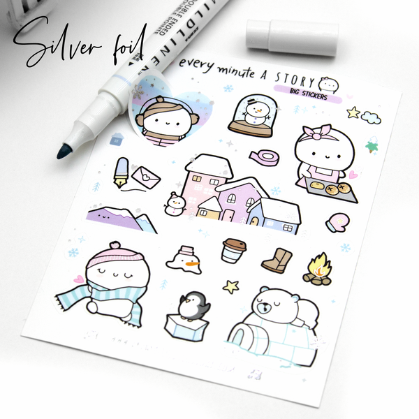 Warm and cozy, silver foiled big stickers, winter- Limited Stock!