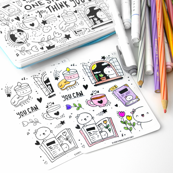 Hand sketched Beanie big stickers/color-in stickers, inked