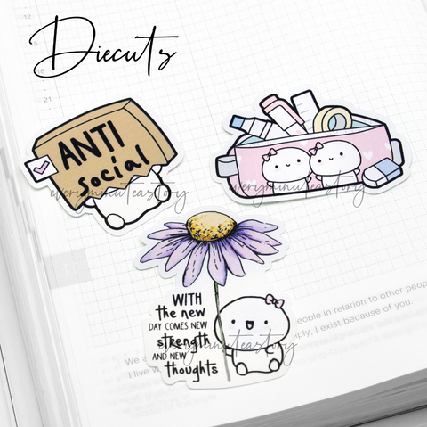 Beanie die cuts on sticker paper, Anti-social, watercolor flowers, pencil pouch- Limited Stock!