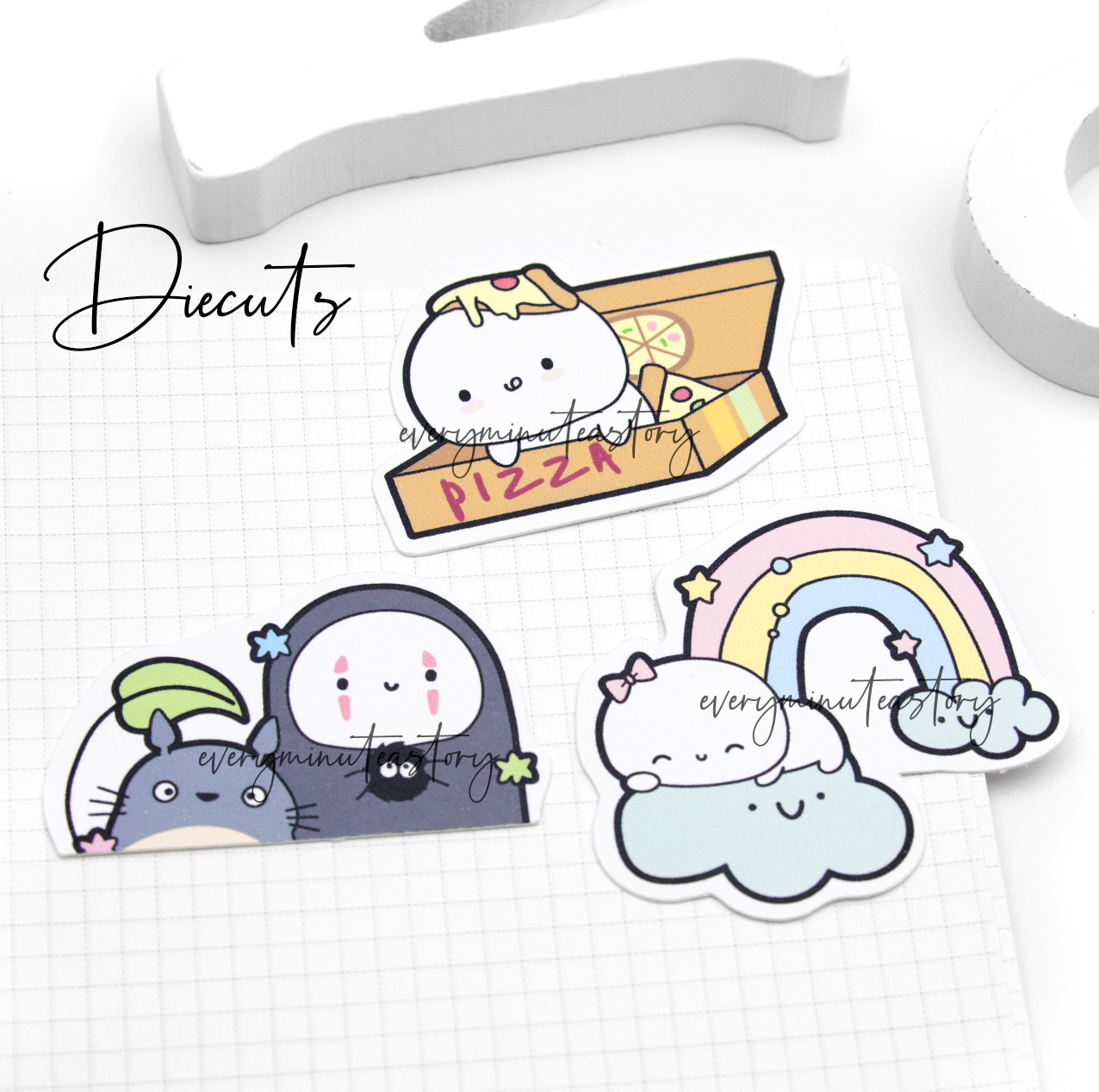 Set of 3 Beanie die cuts (Pizza lover, no face and totoro, Rainbow cloud)