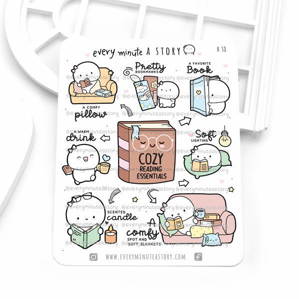 Cozy reading essentials stickers, book lover, nerd