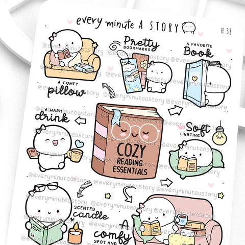 Cozy reading essentials stickers, book lover, nerd