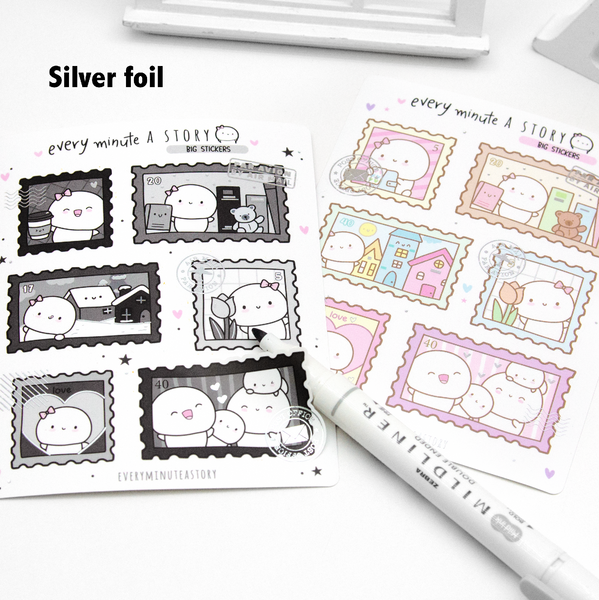 Pretty paper postage big stickers, silver foil, set of 2- Limited Stock!