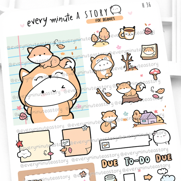 Fox Beanie sticker sampler, fall weather