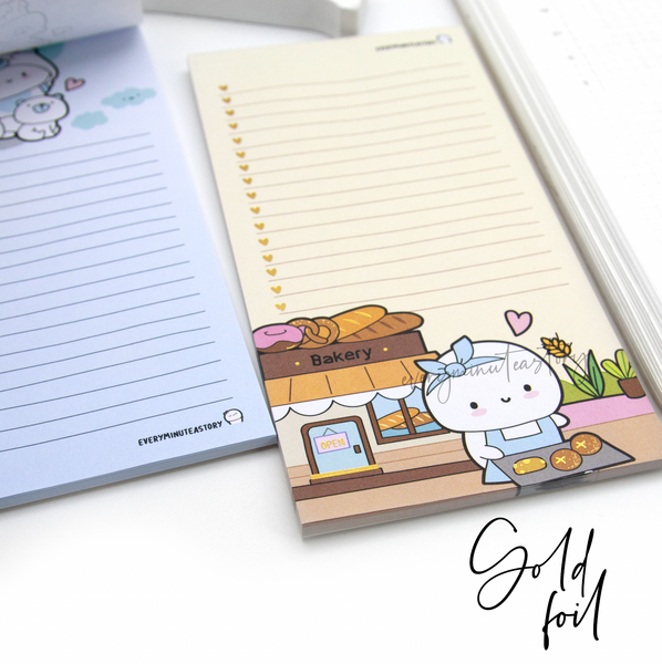 Foiled Beanie notepads, blue/gold foil, Polar bear and Bakery land|- Low stock!