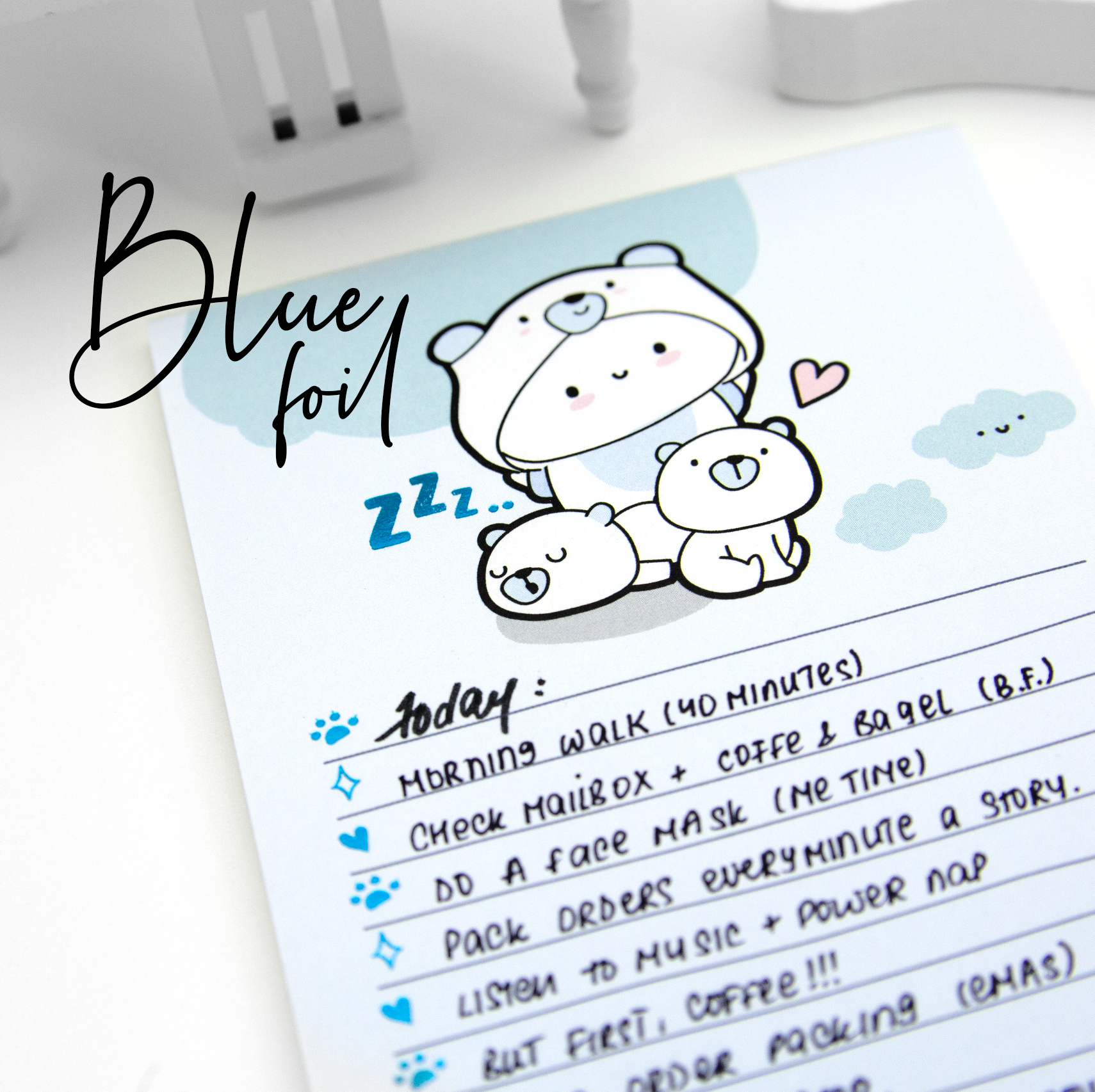 Foiled Beanie notepads, blue/gold foil, Polar bear and Bakery land|- Low stock!