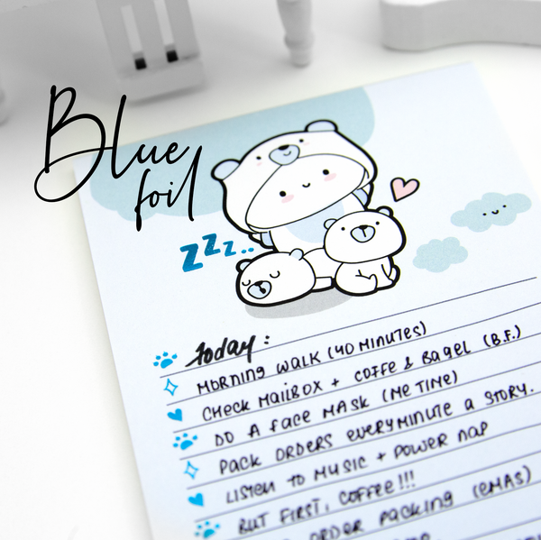 Foiled Beanie notepads, blue/gold foil, Polar bear and Bakery land| -Limited Stock!