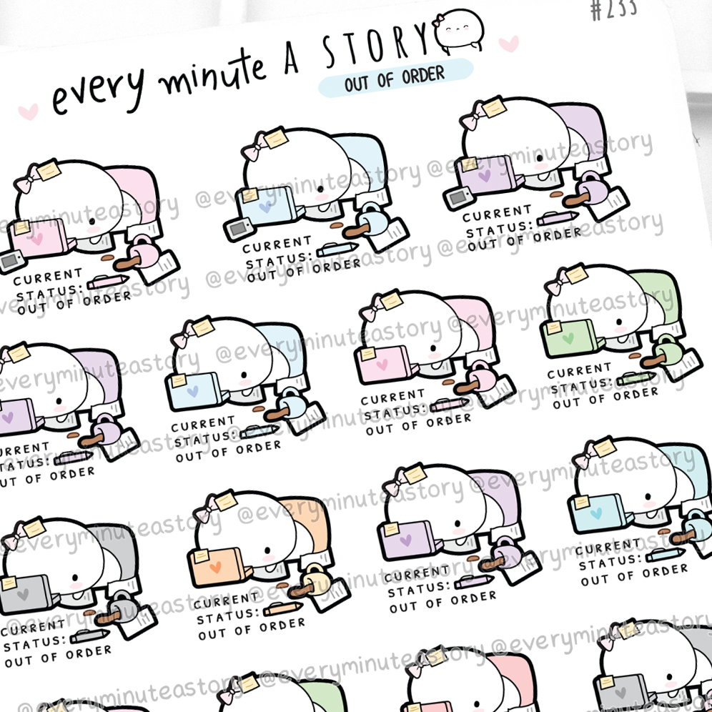 Out of order Beanie stickers, tired, overworked, exhausted