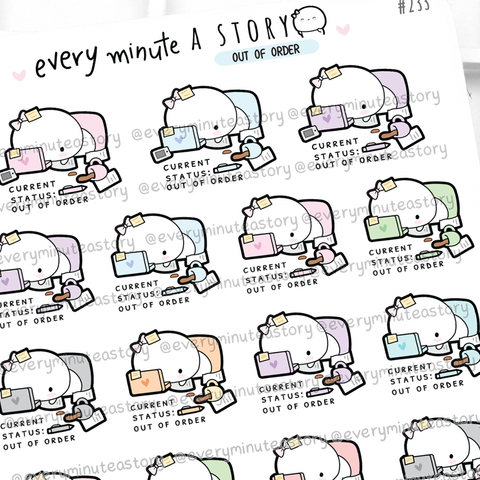 Out of order Beanie stickers, tired, overworked, exhausted