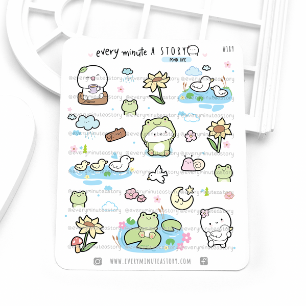 Pond life planner stickers, frog, rainy day, spring