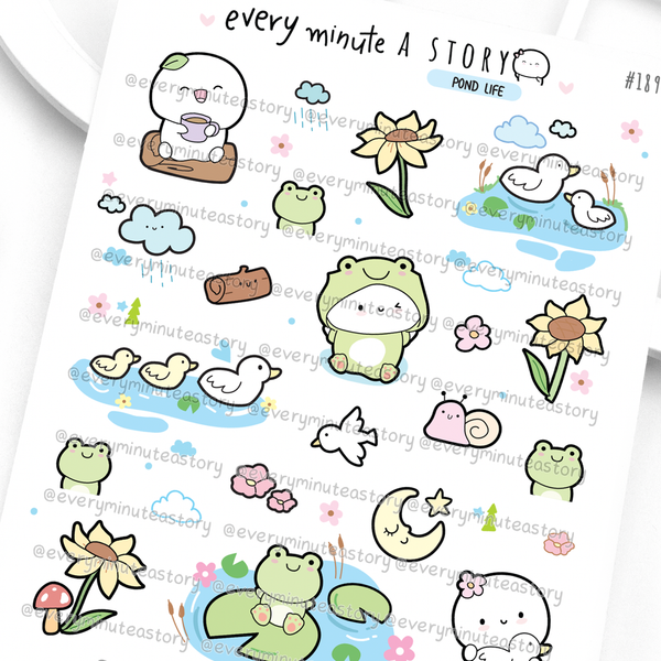 Pond life planner stickers, frog, rainy day, spring
