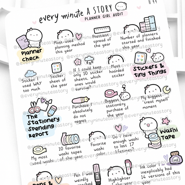 Yearly planner girl audit stickers, new year, planner reflection
