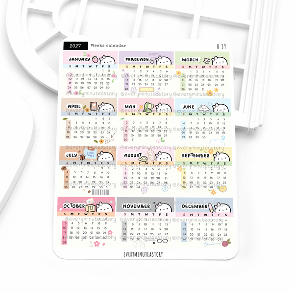 2027 calendar stickers, 12 months, small