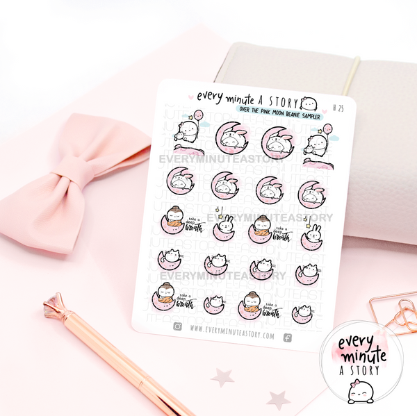 Over the pink moon Beanie sticker sampler, buddha, bunny- LOW STOCK!