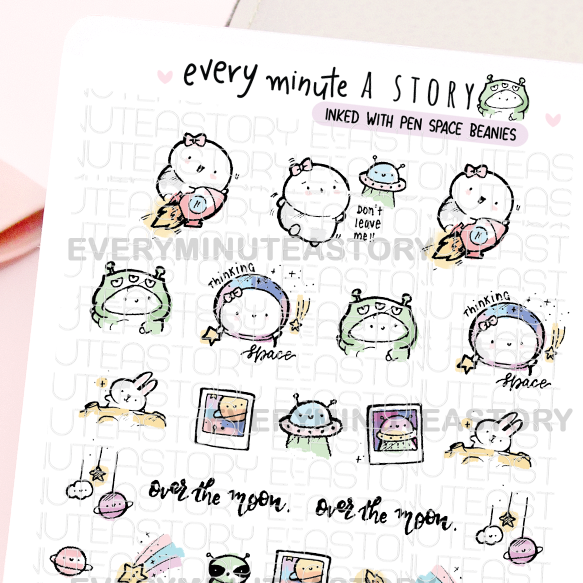 Inked with pen Space Beanie stickers (Hand drawn sketches)- LOW STOCK!