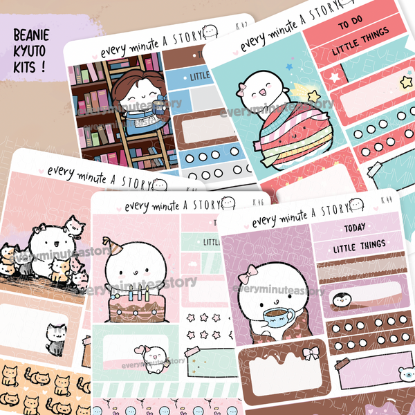 Set 7- Assorted Kyu-to Beanie Monthlies Kits, Belle's library, Inktober cat lady, B'day, Washi plant, hot cocoa- LOW STOCK!