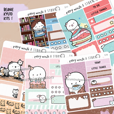 Set 7- Assorted Kyu-to Beanie Monthlies Kits, Belle's library, Inktober cat lady, B'day, Washi plant, hot cocoa- LOW STOCK!